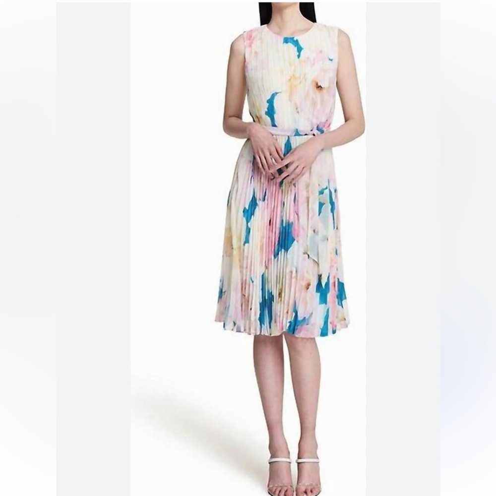 Calvin Klein Dress Pink White Floral Pleated Chiffon Belted A Line Dress 12 NWT